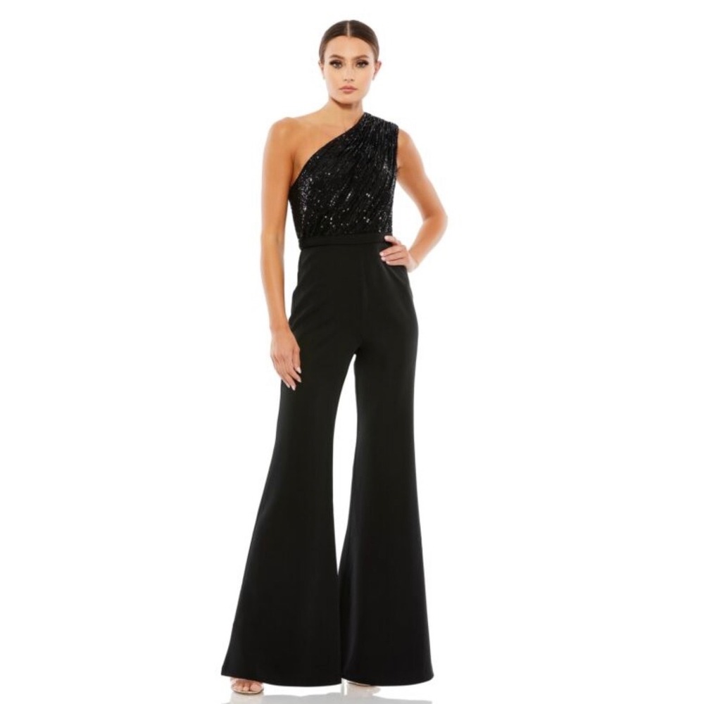 Ieena for Mac Duggal Black Sequin One Shoulder Jumpsuit 26716 Size 0 NWT